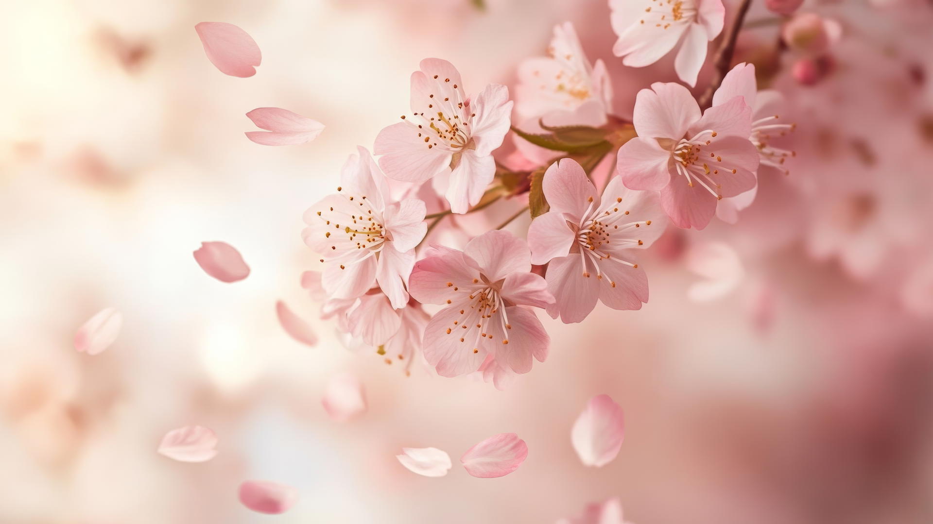 A delicate nature aesthetic wallpaper of cherry blossoms in full bloom, soft pink and white background