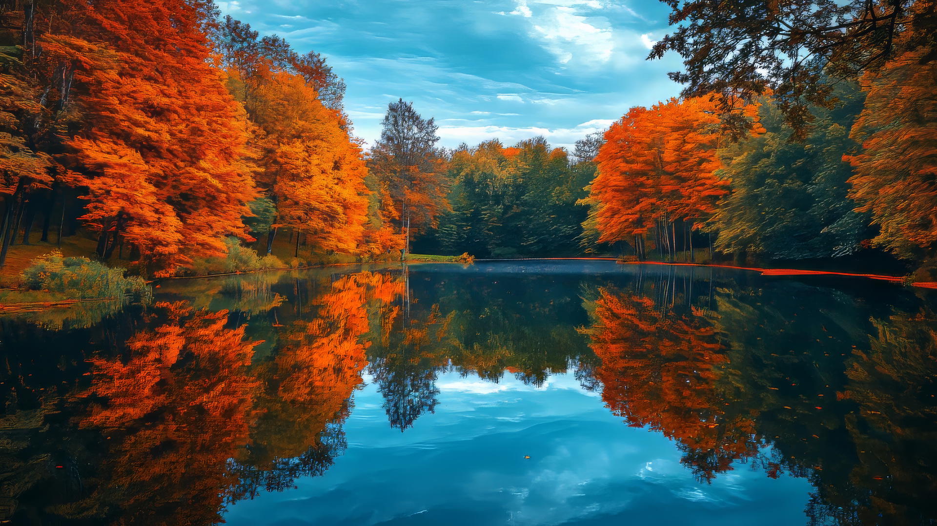 Beautiful nature wallpaper 4k of a lake surrounded by colorful autumn trees reflecting on water.