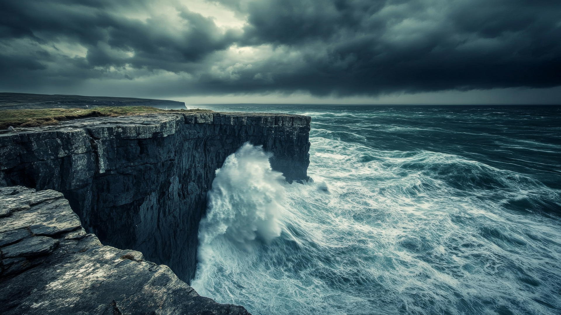 nature wallpaper with dramatic cliffside, ocean waves, and stormy sky