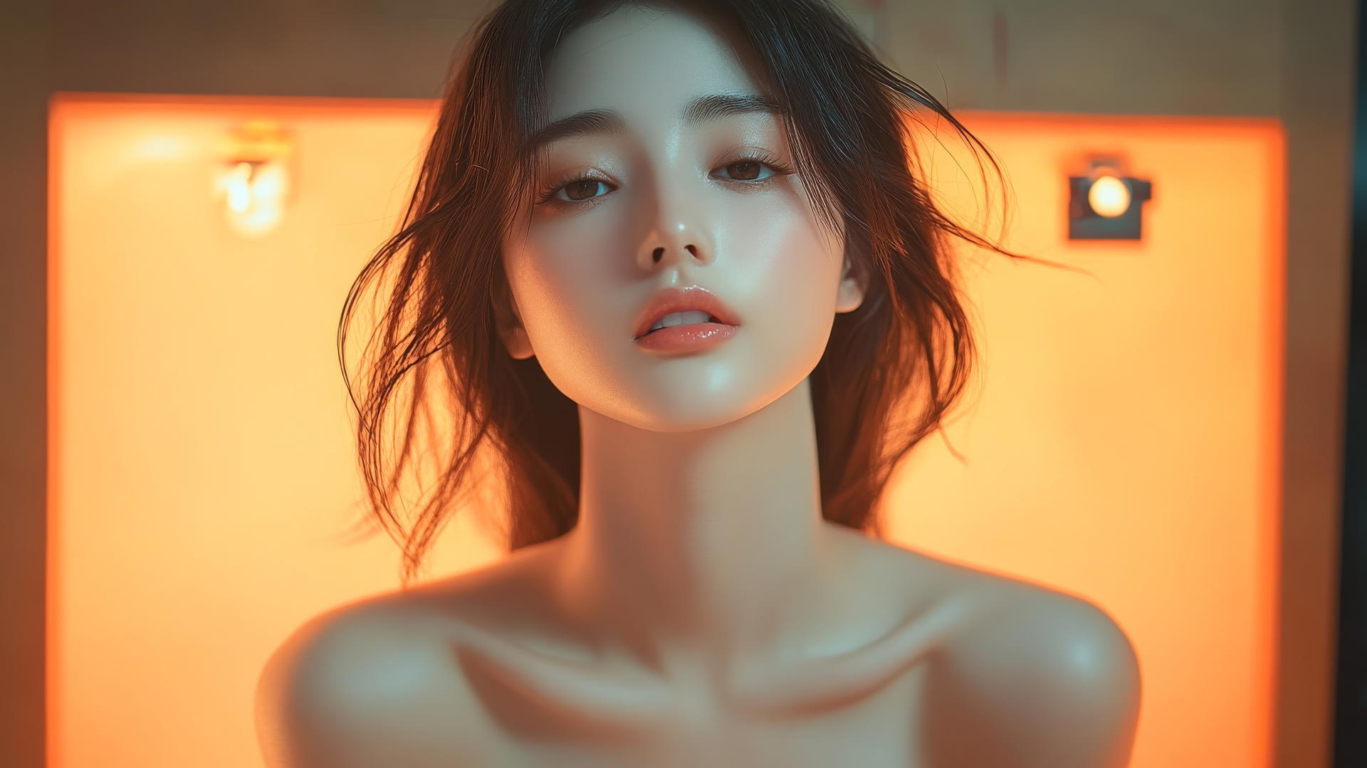 Kneeling Asian girl with smooth pink skin looking down, smiling, waist focus
