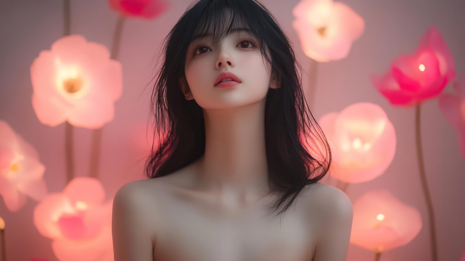 Isolated shot of a beautiful Asian girl with smooth pink skin, kneeling and smiling.
