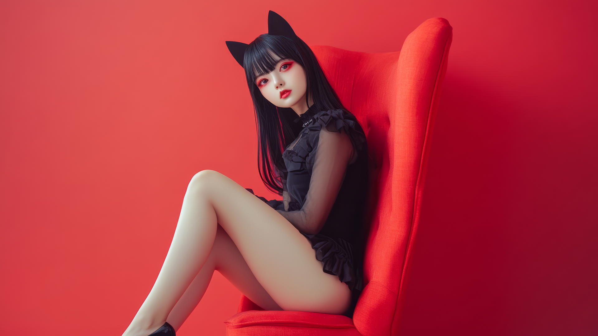 Asian girl with cat ears, crossed legs, in high heels, side view
