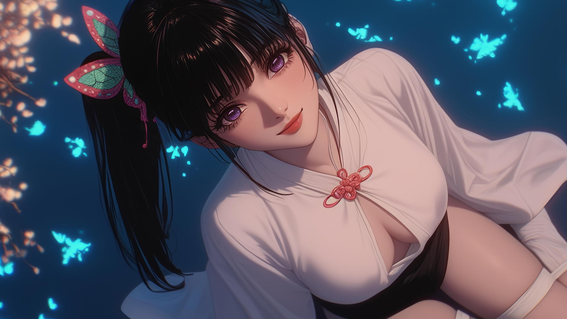 Kanao Tsuyuri from Demon Slayer kneeling and looking up, warm light cast on her.