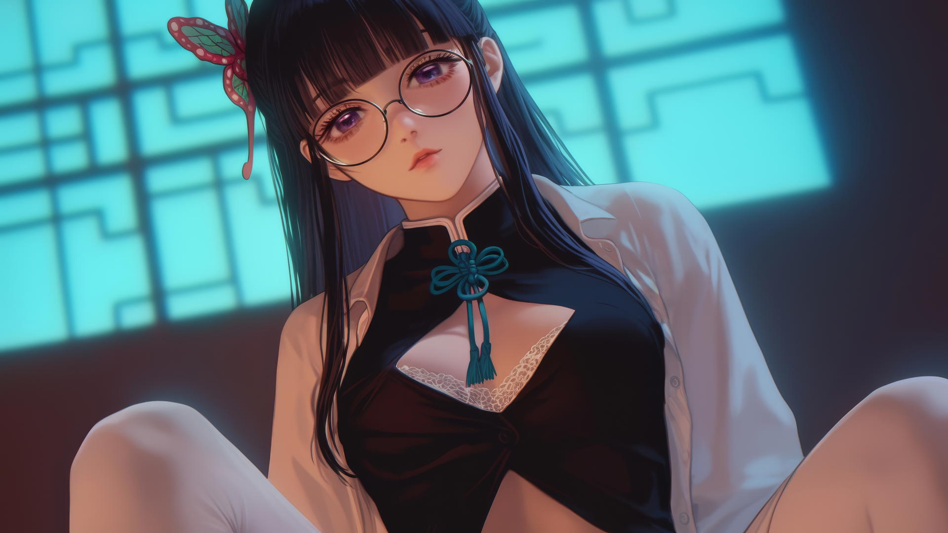 Kanao Tsuyuri from Demon Slayer in an office shirt and glasses, kneeling and looking downward with a ceiling in the background.