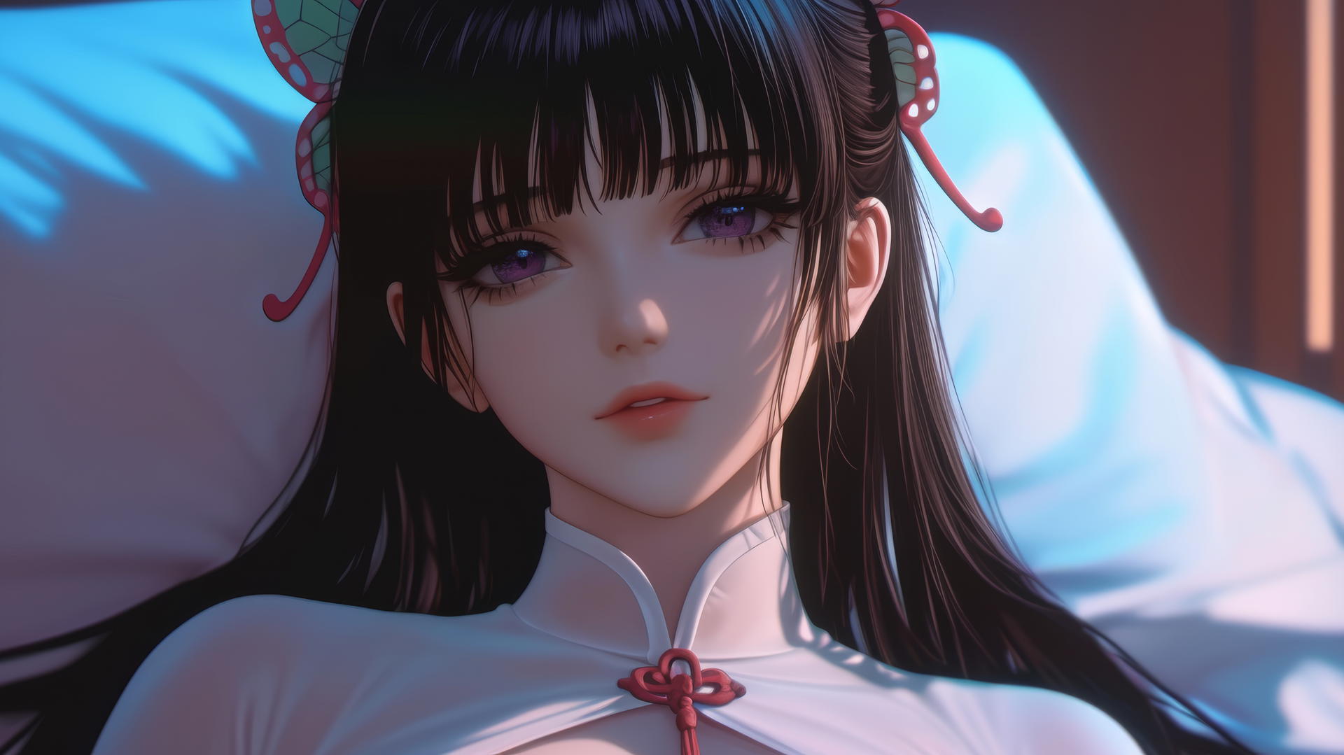 Kanao Tsuyuri from Demon Slayer resting in a modern hotel room with warm lighting