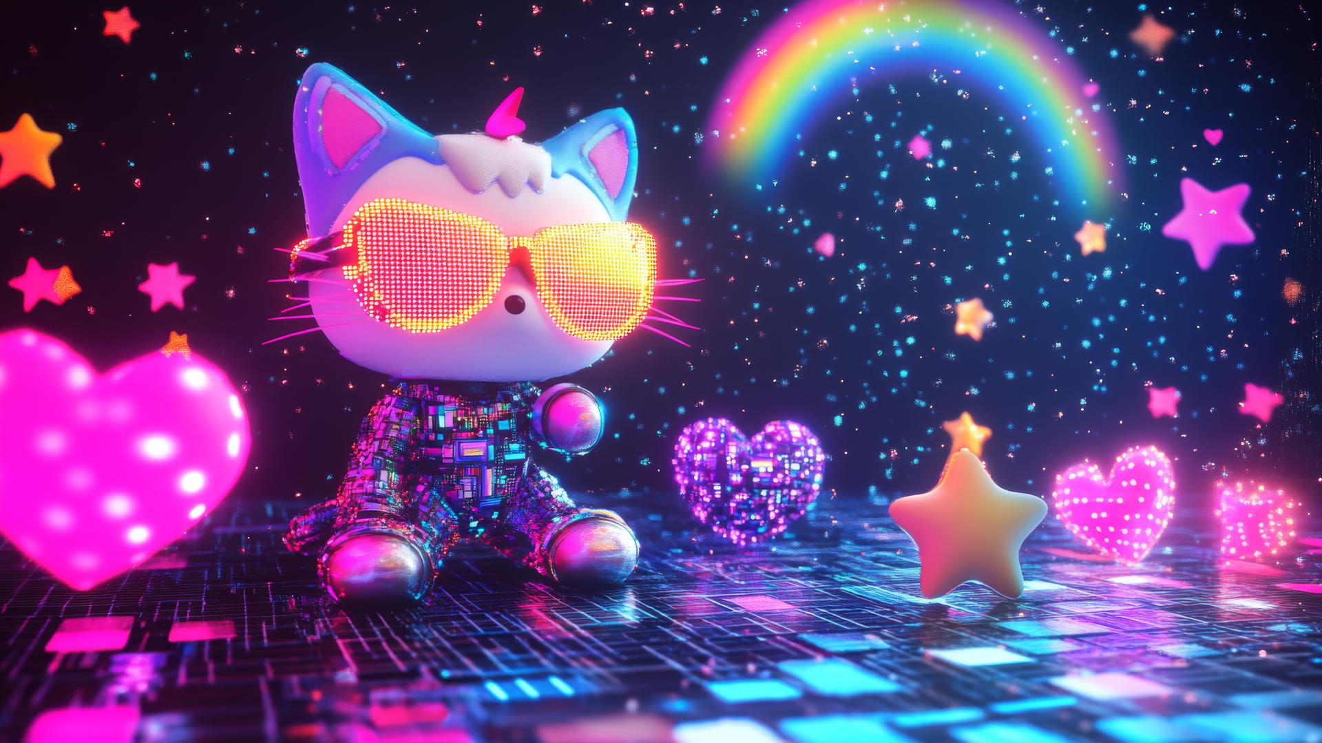 Y2K Hello Kitty wallpaper aesthetic with neon sunglasses, glowing stars, pixelated hearts, and a holographic rainbow.