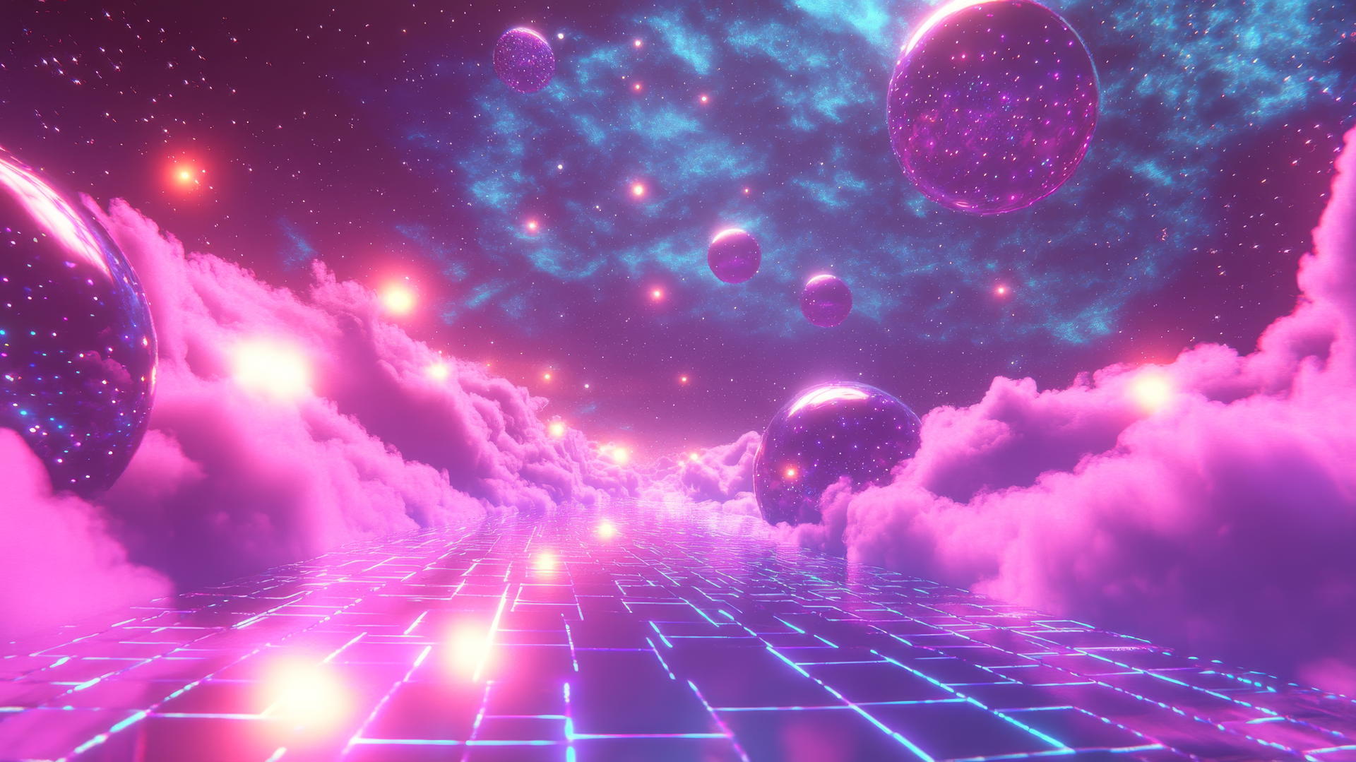 Y2K star wallpaper with neon star patterns and holographic sky