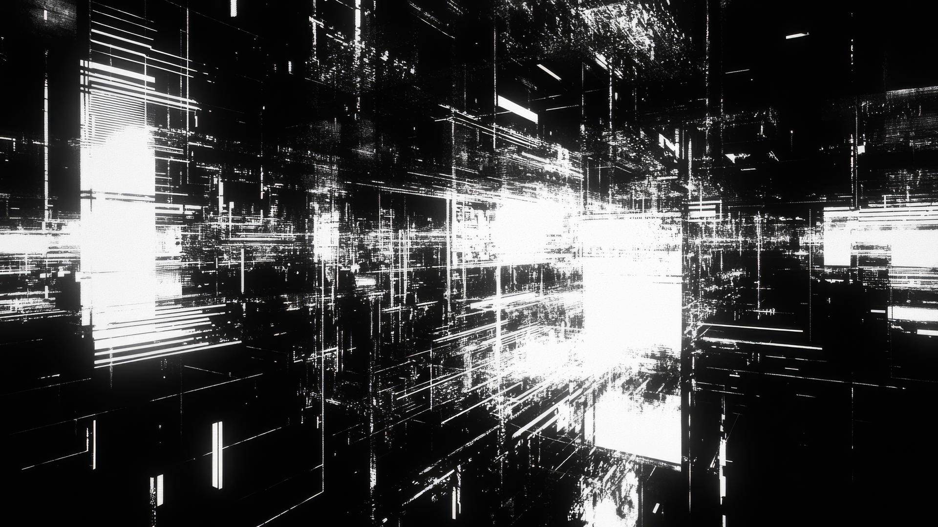 y2k aesthetic wallpaper with monochromatic black and white, digital glitch effects, pixelated text, and holographic light patterns
