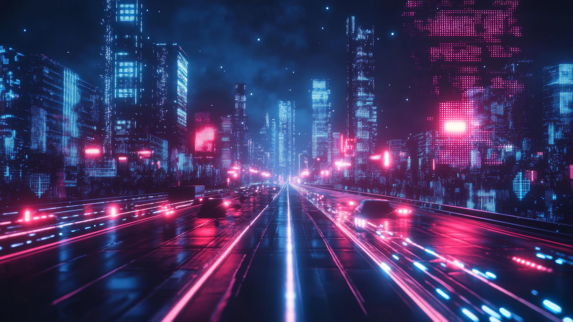 y2k aesthetic wallpaper with digital highway, neon-lit city, pixelated cars