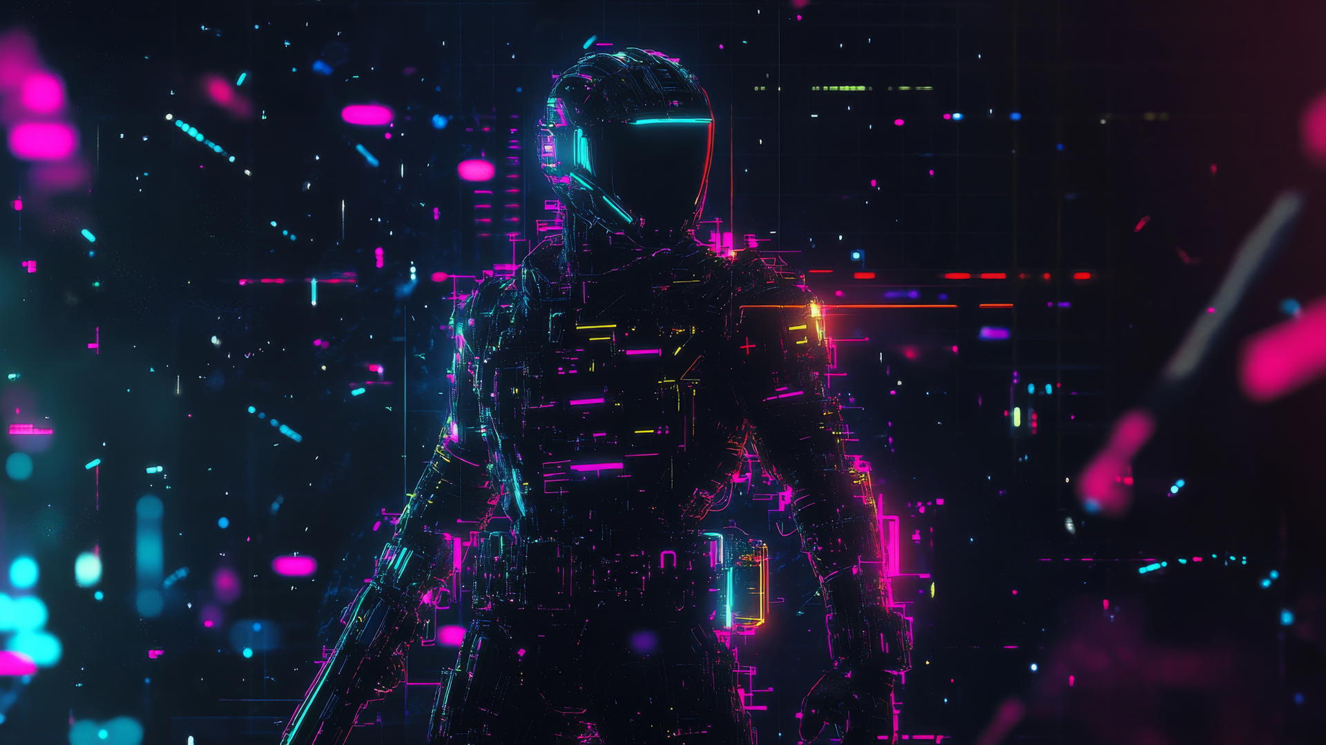 Cyber Y2K wallpaper black with digital warrior in neon armor on black digital battlefield