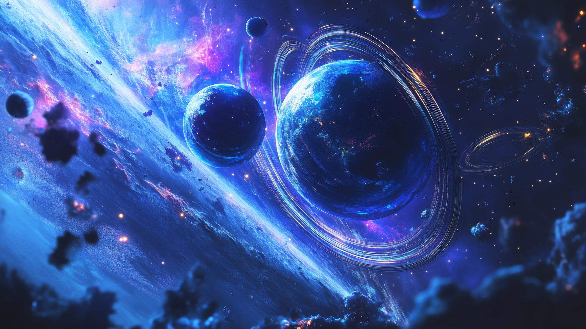 Y2K wallpaper with chrome planets, digital stars, and holographic rings in deep blue galaxy