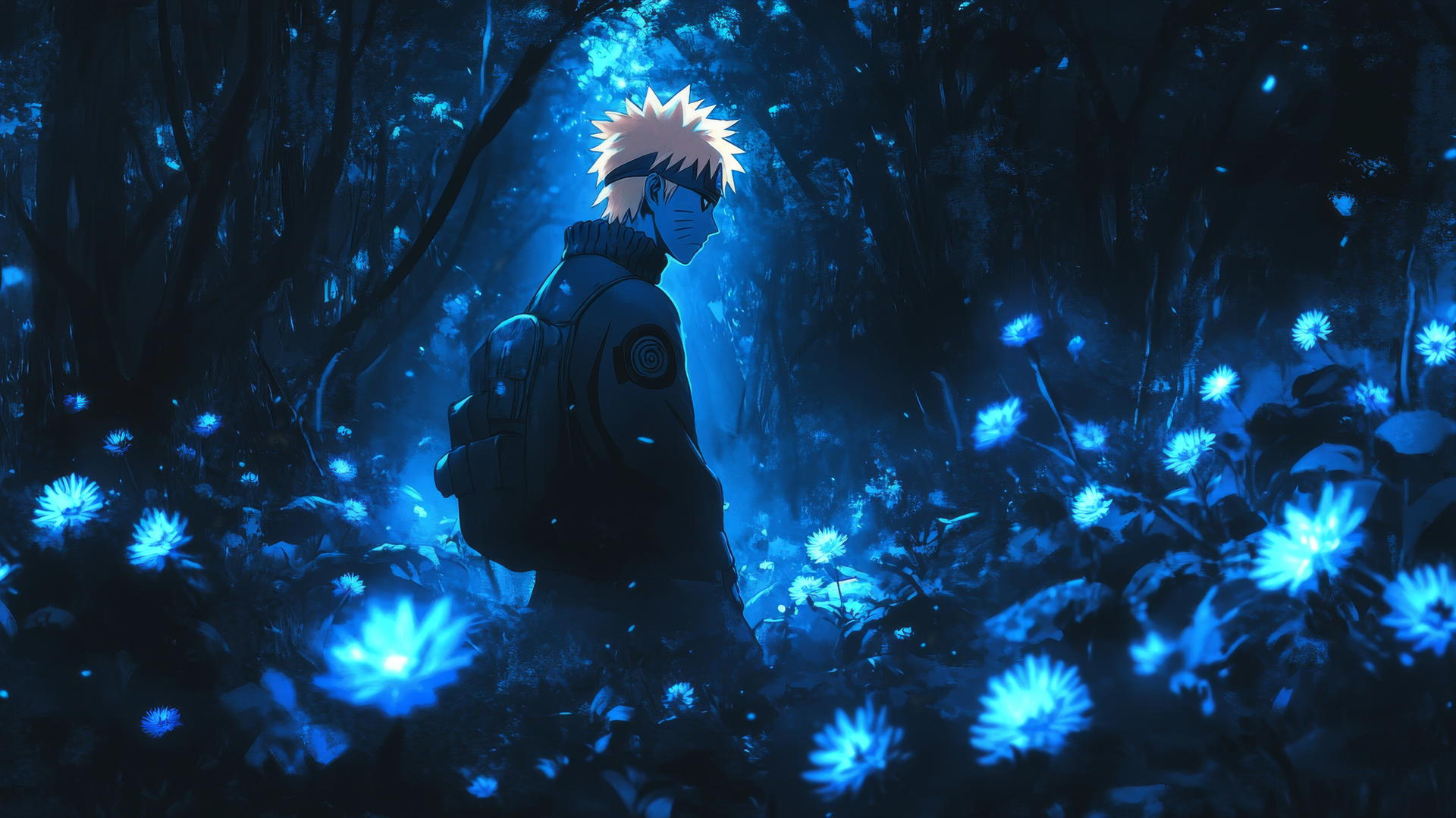 wallpaper naruto 4k, Naruto Uzumaki explores a mystical forest with glowing blue flowers