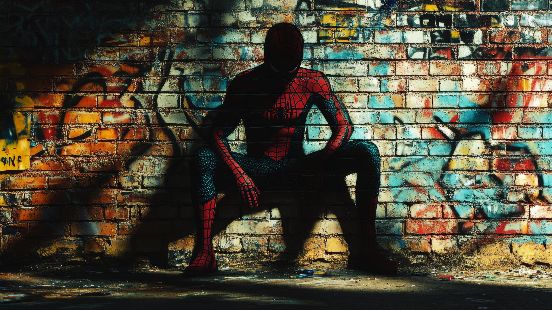 wallpaper spider man shadow on brick wall with vivid graffiti