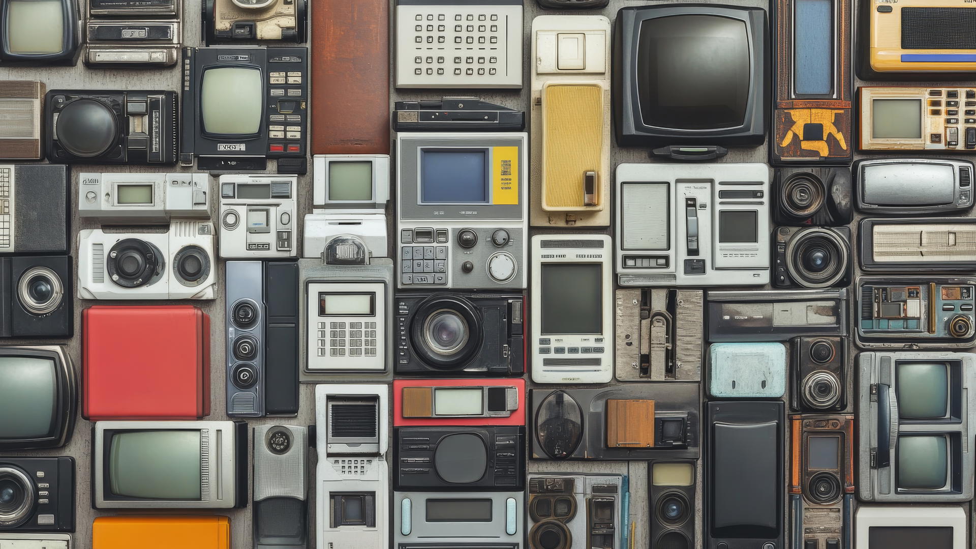 Y2K wallpaper featuring early 2000s tech gadgets on metallic background