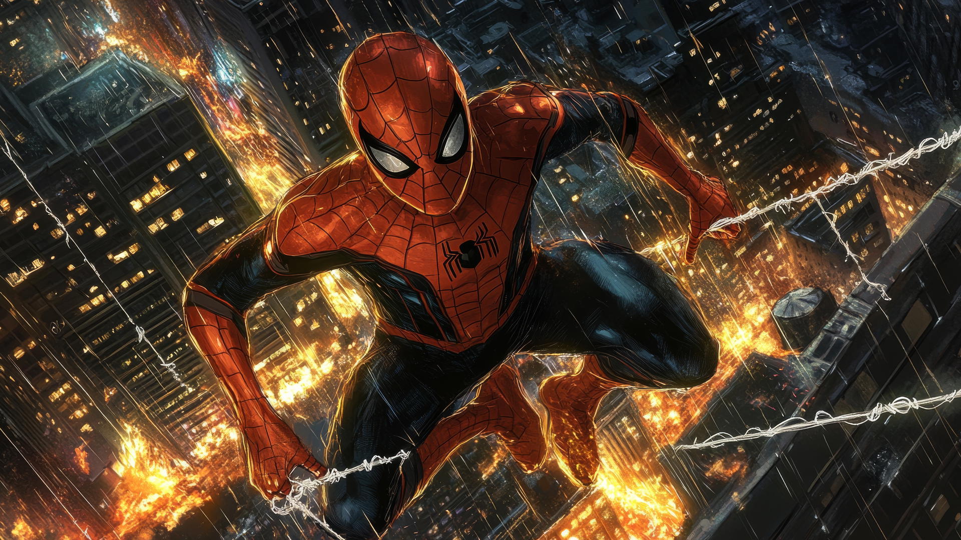 Spider-Man rooftop battle scene, high above city, spider man wallpaper aesthetic