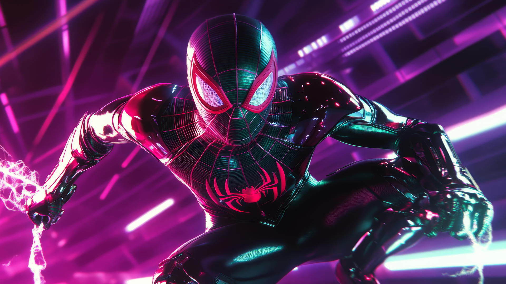 spider man wallpaper aesthetic, 1980s retro-futuristic style, neon grid background