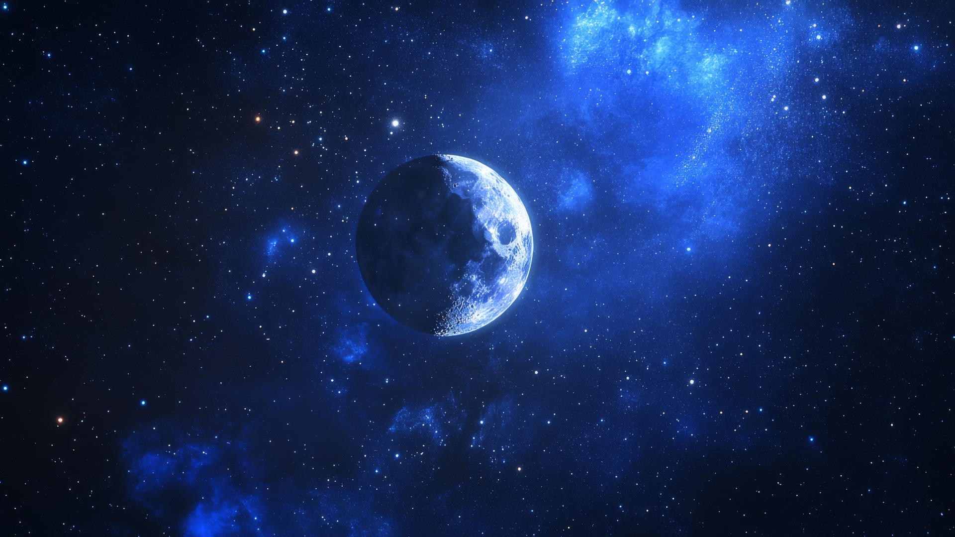 blue wallpaper with a night sky, stars, and glowing moon