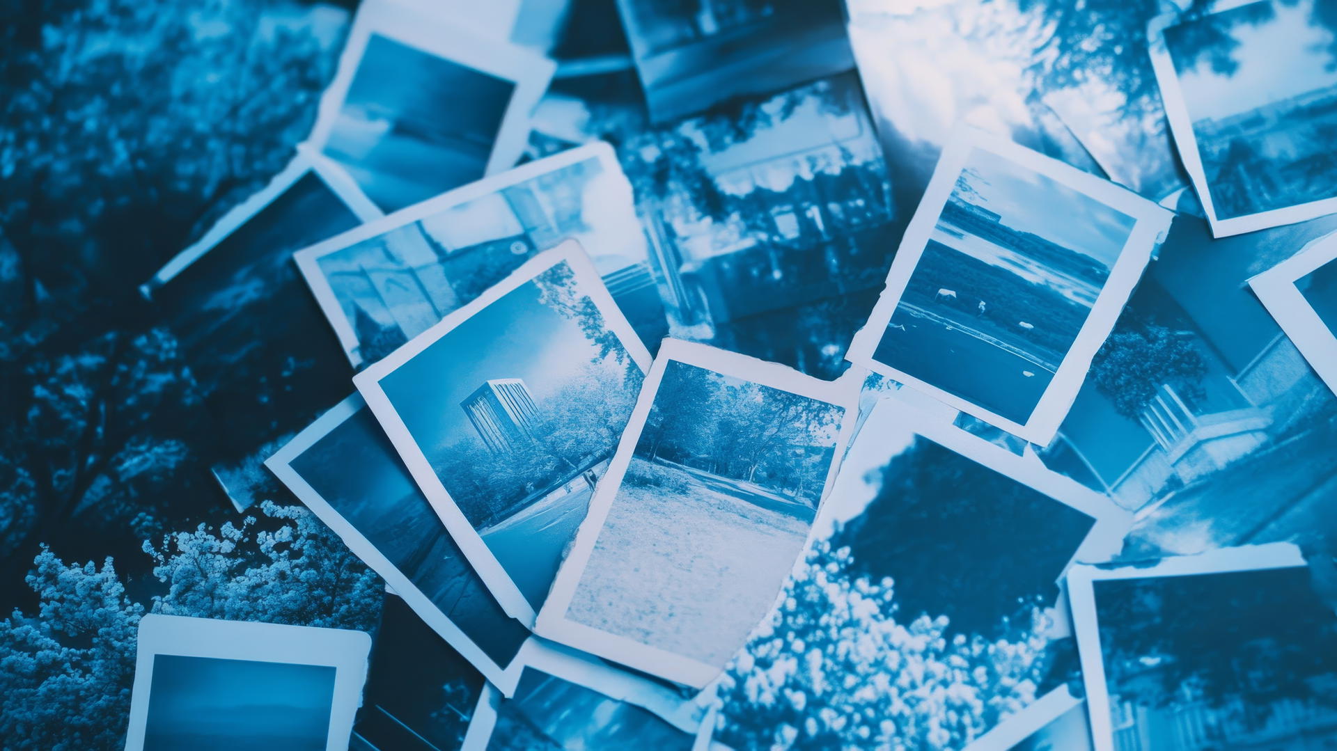 blue aesthetic wallpaper with vintage Polaroid photos in blue tones
