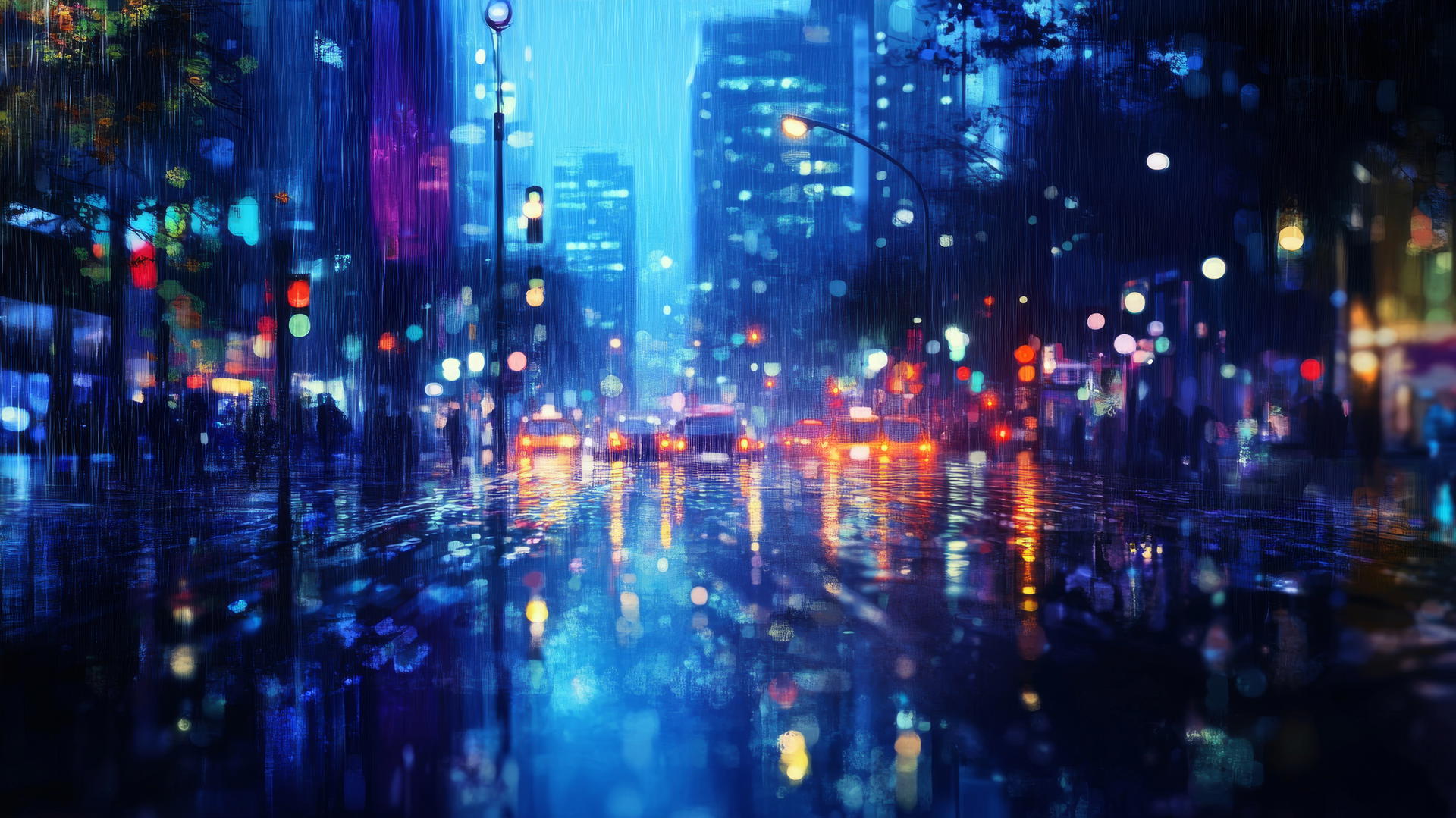 wallpaper blue, rainy city street with shimmering reflections