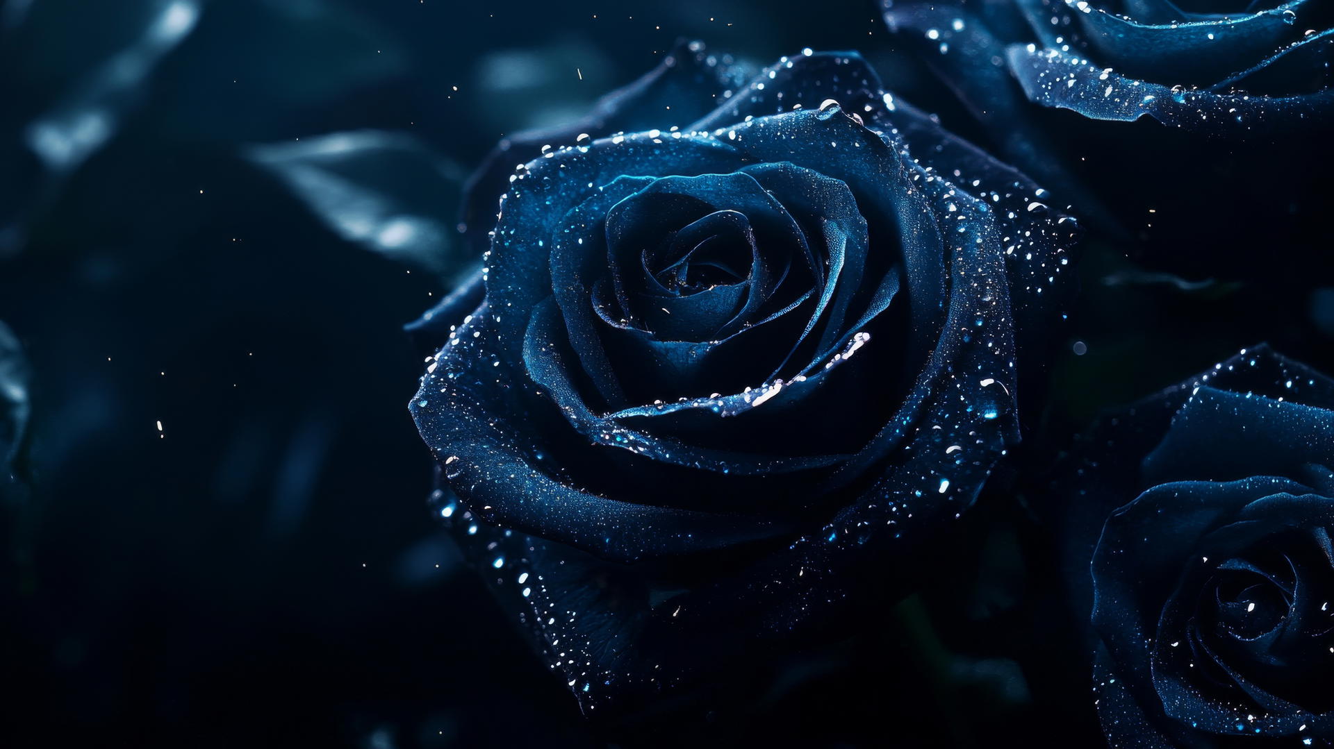 dark blue aesthetic wallpaper with gothic blue roses and dew drops