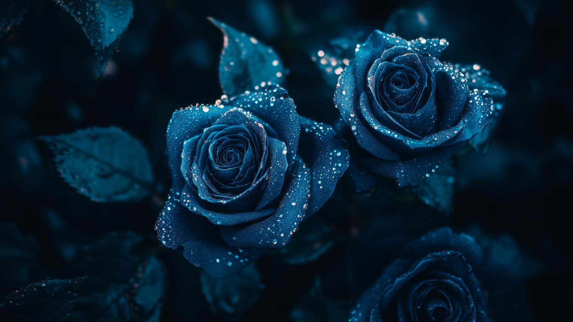 dark blue aesthetic wallpaper with gothic blue roses and dew drops on petals