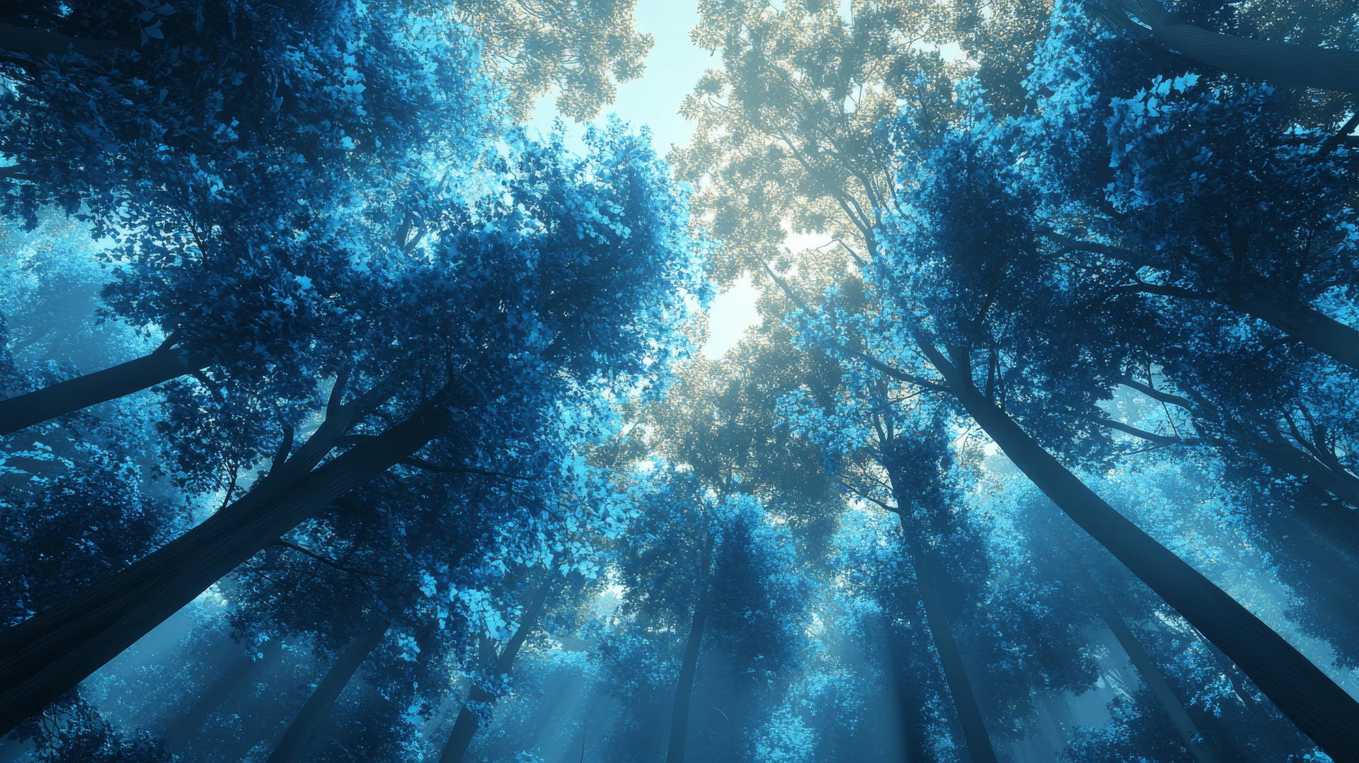 Aesthetic blue wallpaper of a woodland with blue-tinted leaves under dappled sunlight.