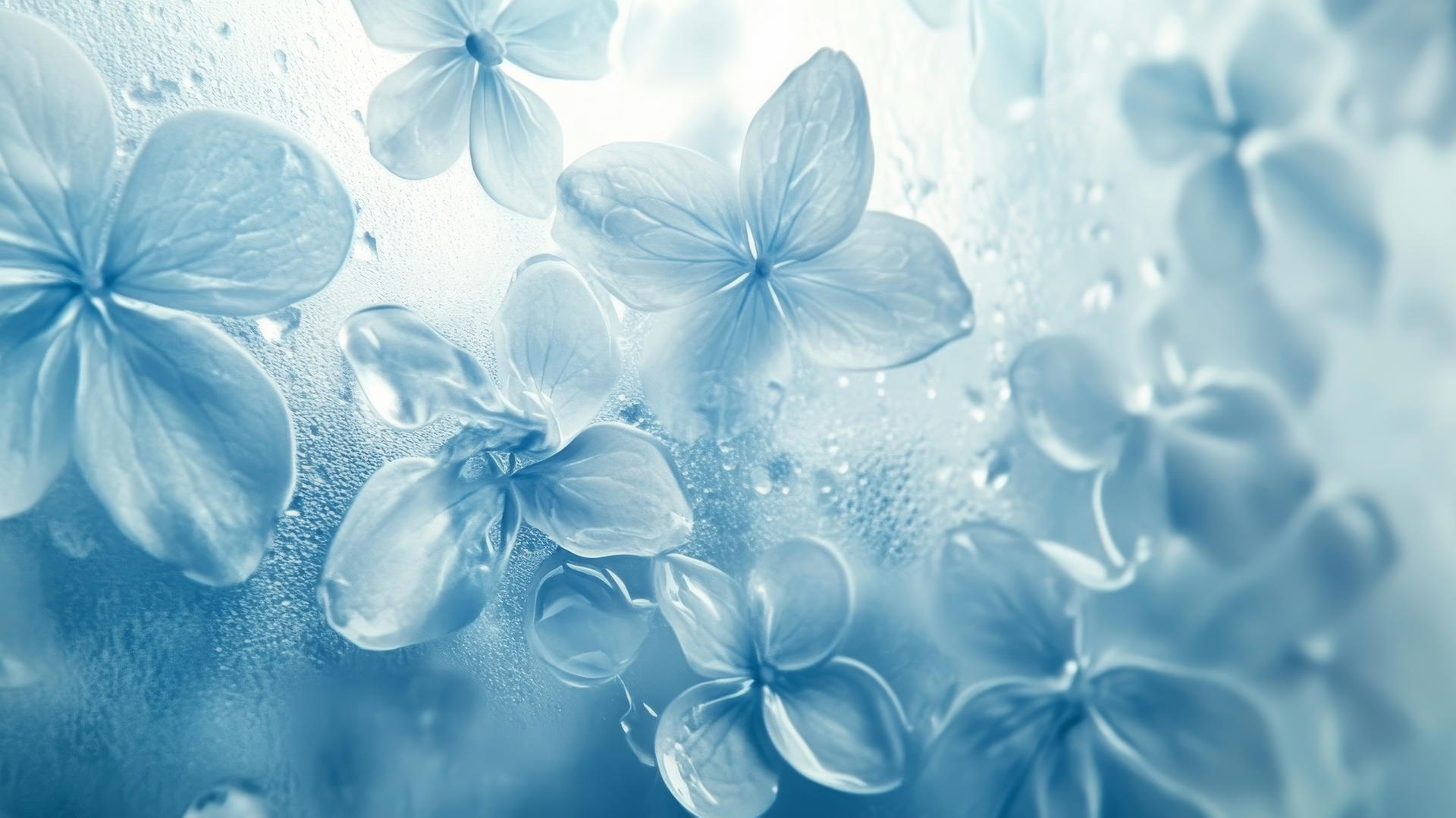 blue flower wallpaper with petals on frosted glass and diffused light