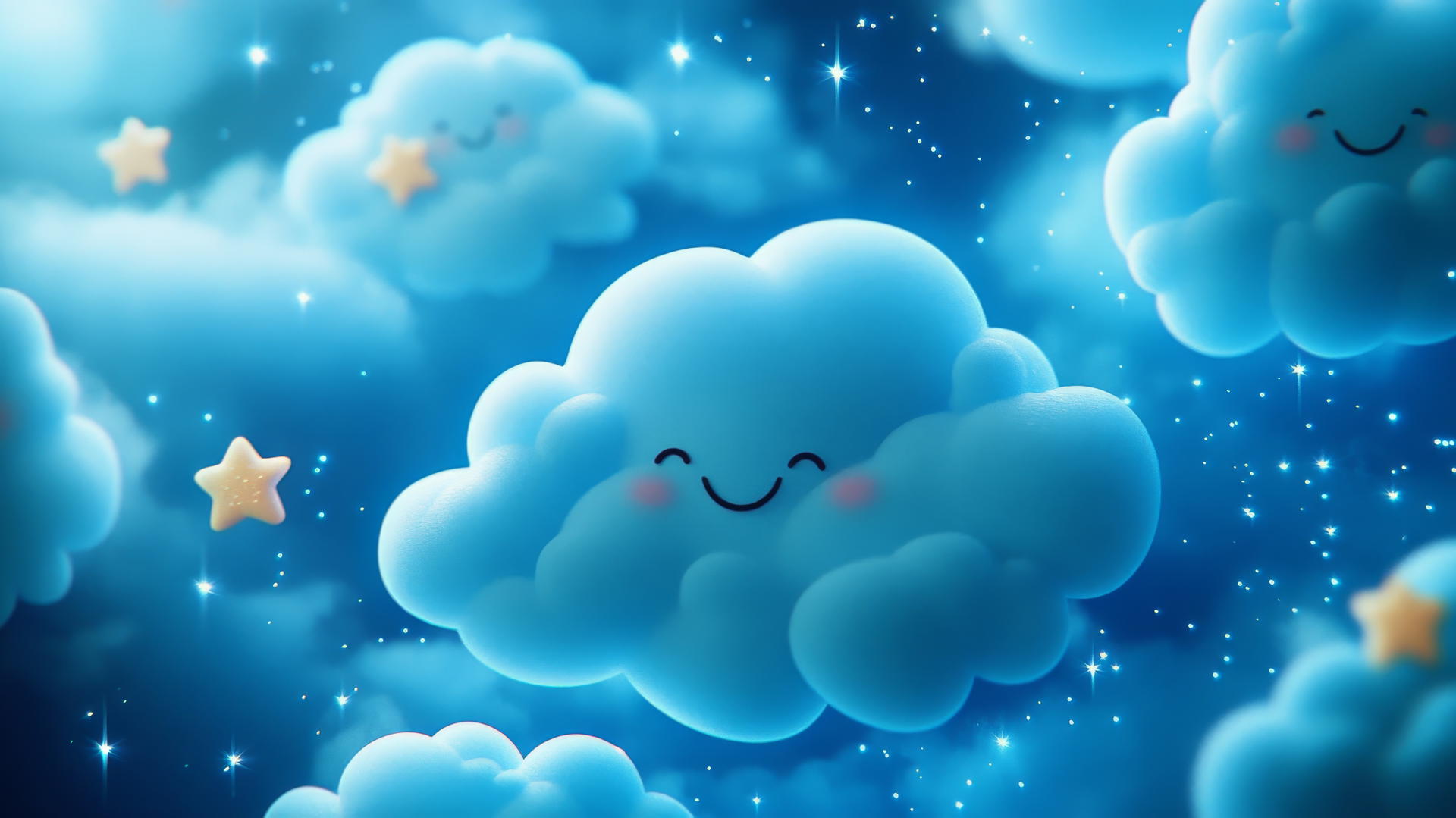 cute blue wallpaper with fluffy clouds, smiling faces, and twinkling stars