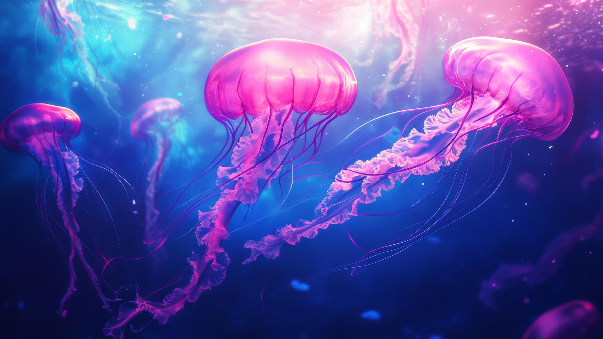 ethereal pink and blue jellyfish with glowing tendrils drifting in a deep ocean, pink and blue wallpaper
