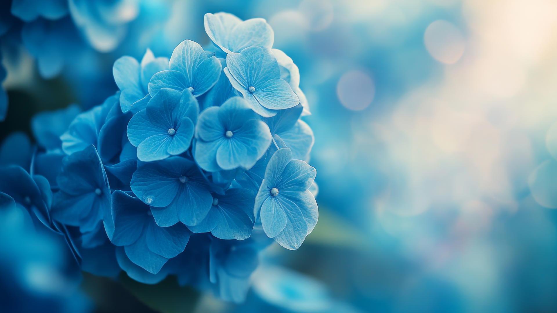 blue flower wallpaper with glowing blue hydrangea petals against a blurred garden background