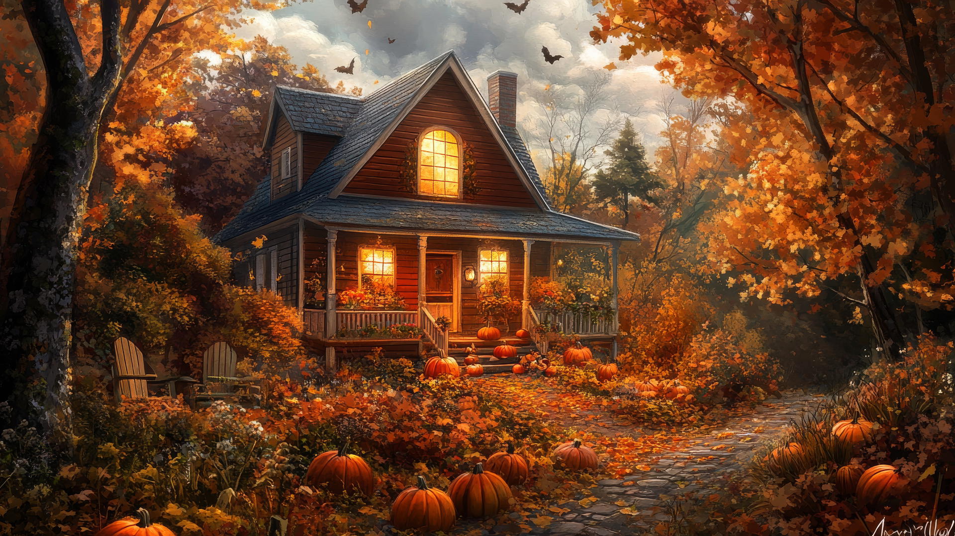 Thanksgiving wallpaper with a farmhouse, fall foliage, pumpkins, and warm window glow