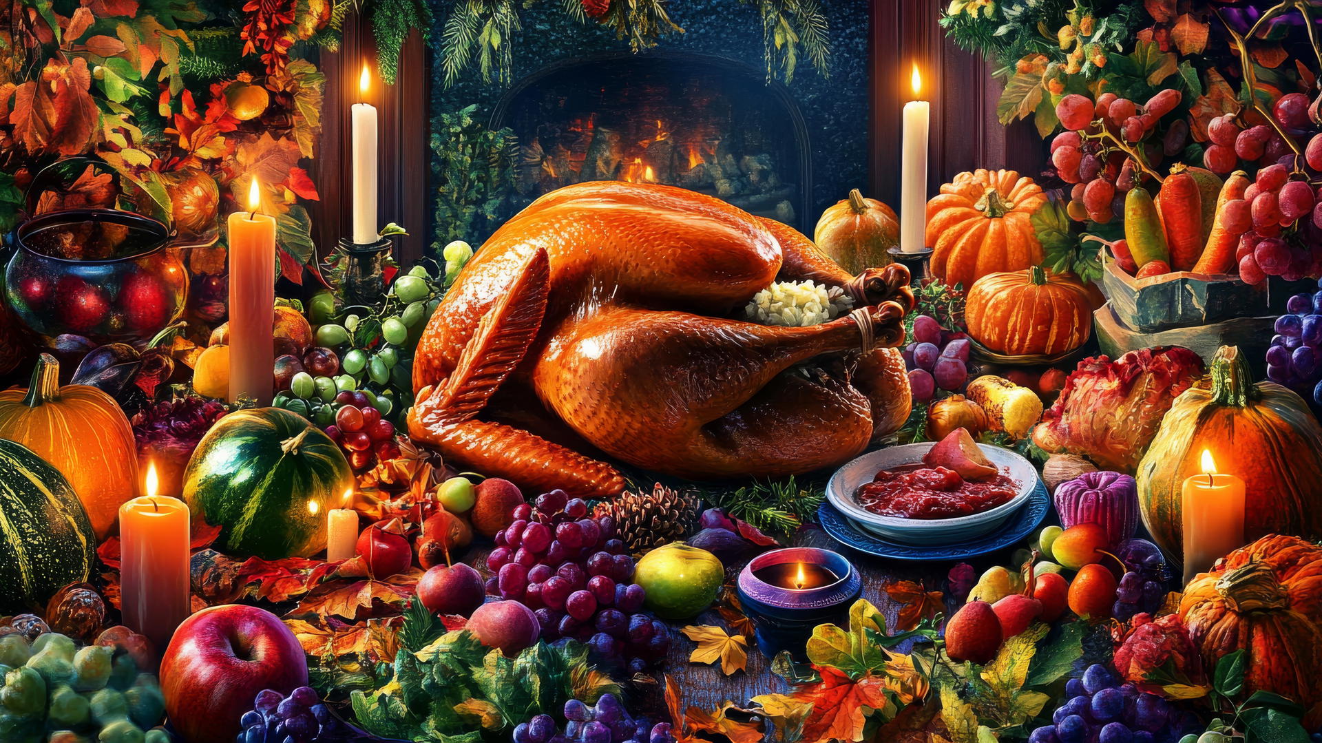 thanksgiving wallpaper with a vibrant feast scene featuring a roasted turkey, vegetables, fruits, and candles