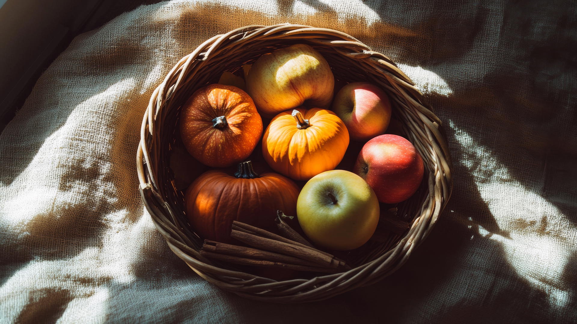 thanksgiving aesthetic wallpaper with squash, apples, and cinnamon in a basket