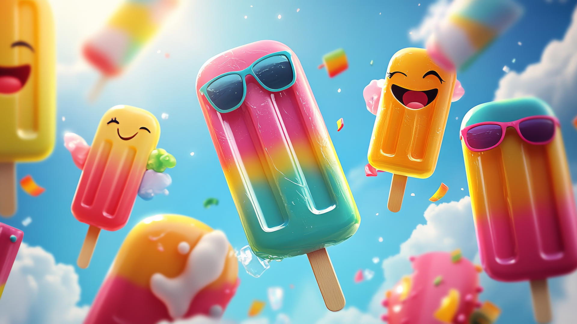 Cute summer wallpaper with cartoon popsicles in bright colors, smiling under the sun