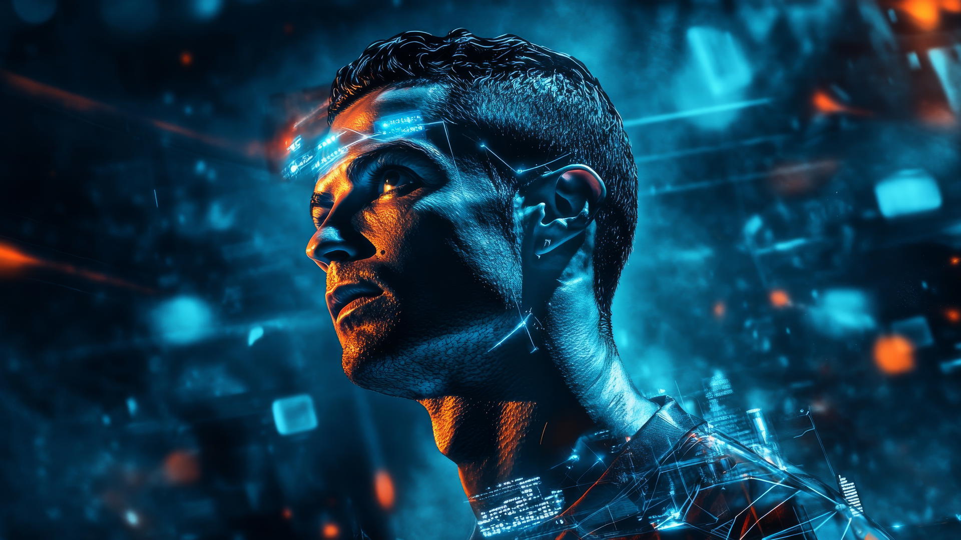 cristiano ronaldo wallpaper 4k with futuristic holographic overlay and digital stats