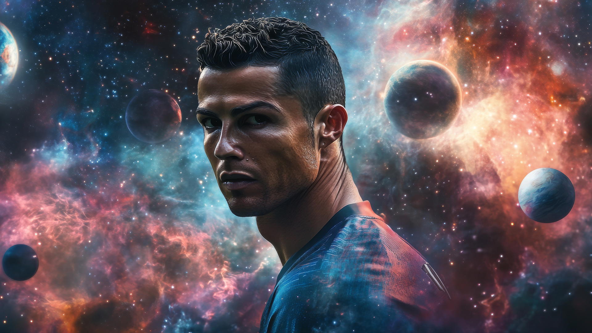 Cristiano Ronaldo 4K wallpaper, surreal cosmic landscape with planets and stars