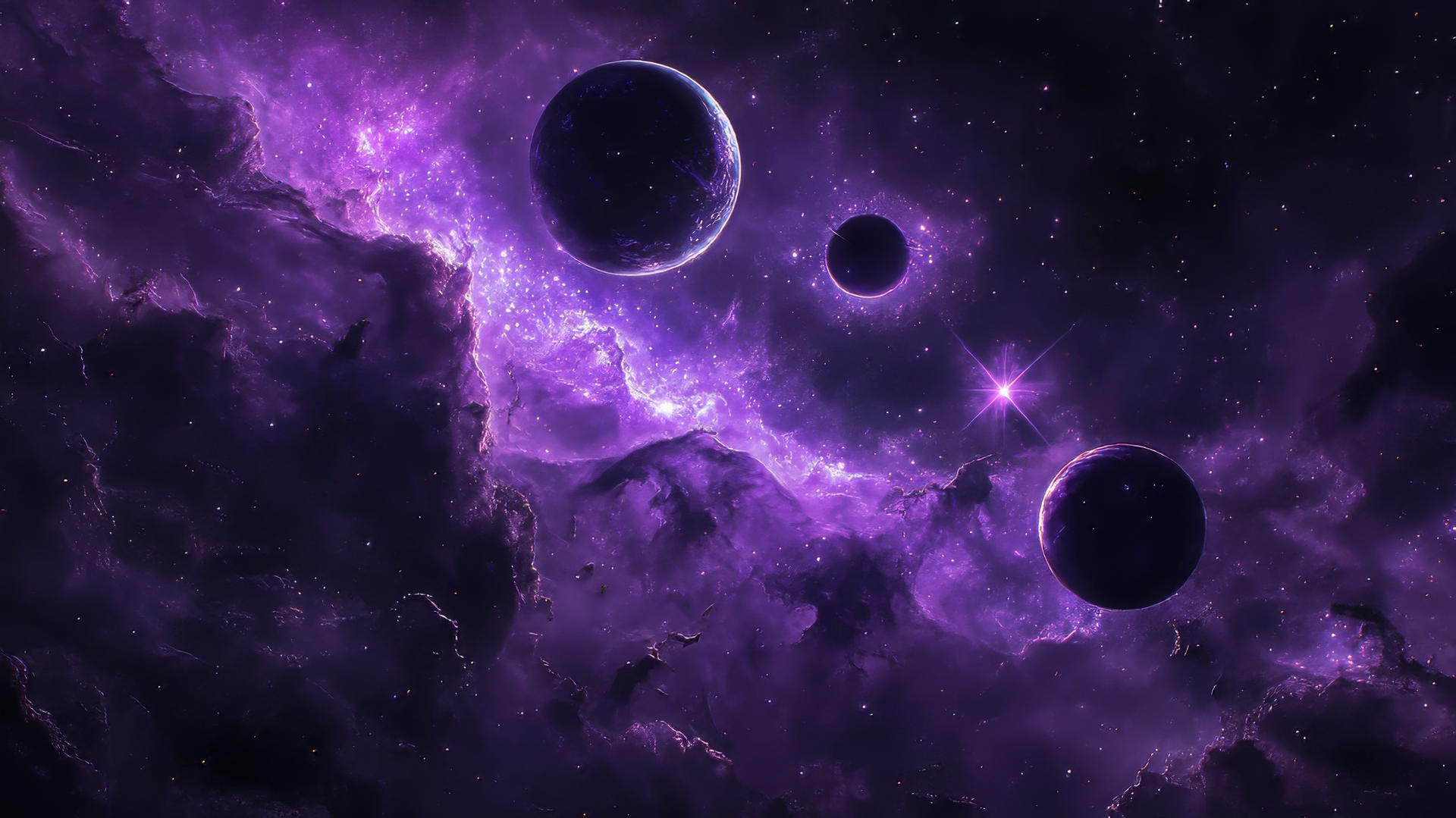 purple aesthetic wallpaper 4k with galaxies, stars, and planets in mystical space theme