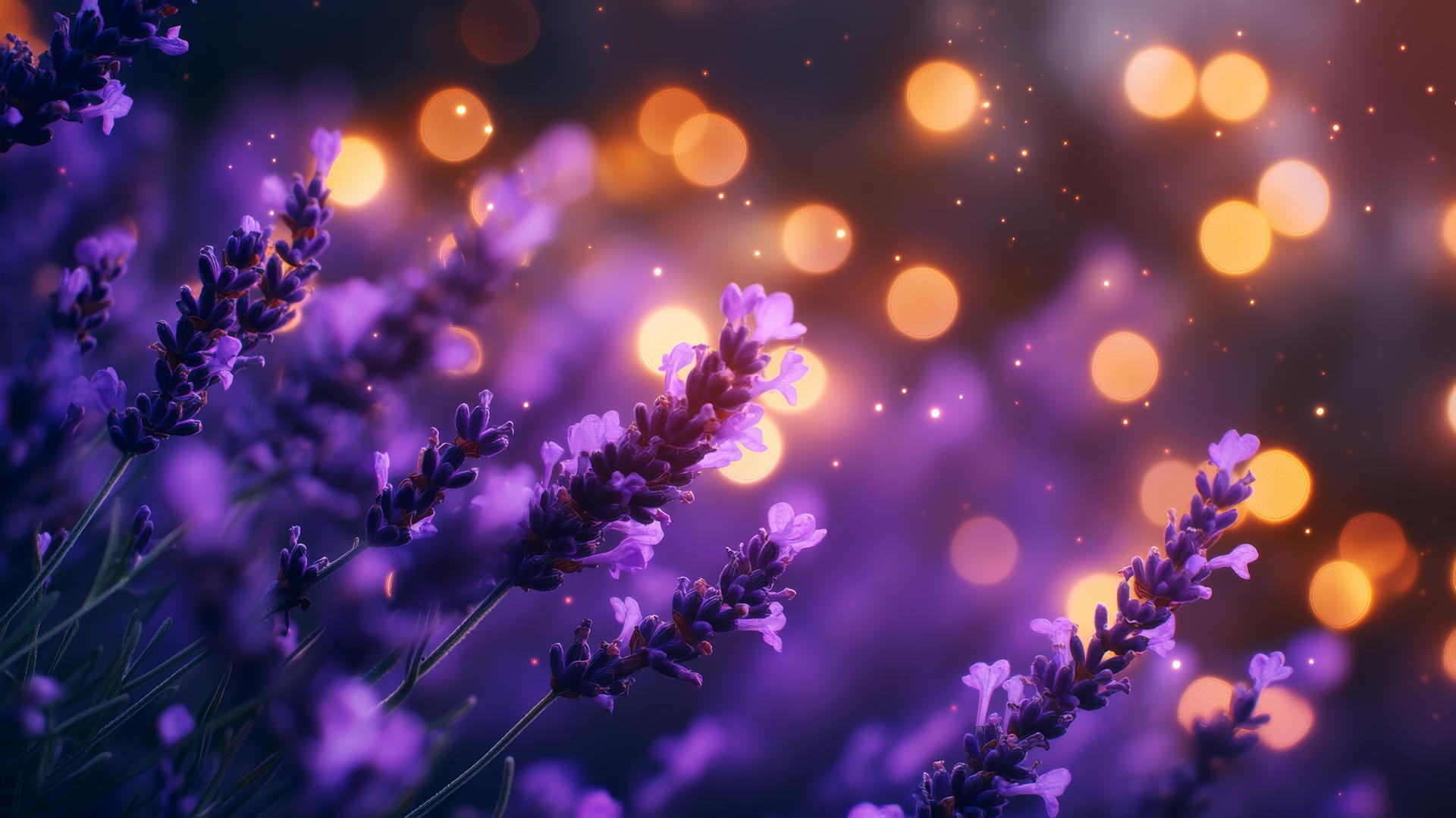 aesthetic purple wallpaper with glowing fairy lights and blooming lavender flowers