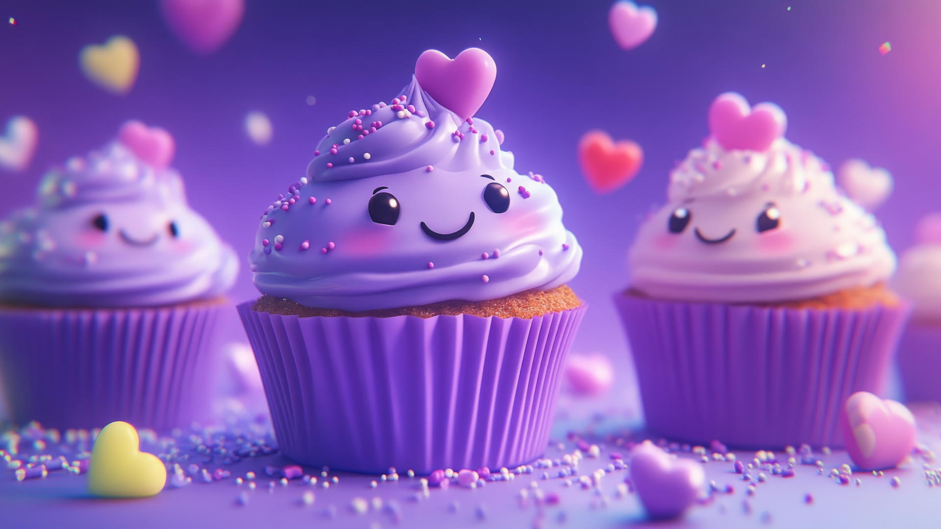 Cute purple wallpaper with cartoon cupcakes, sprinkles, candies, and glowing hearts.