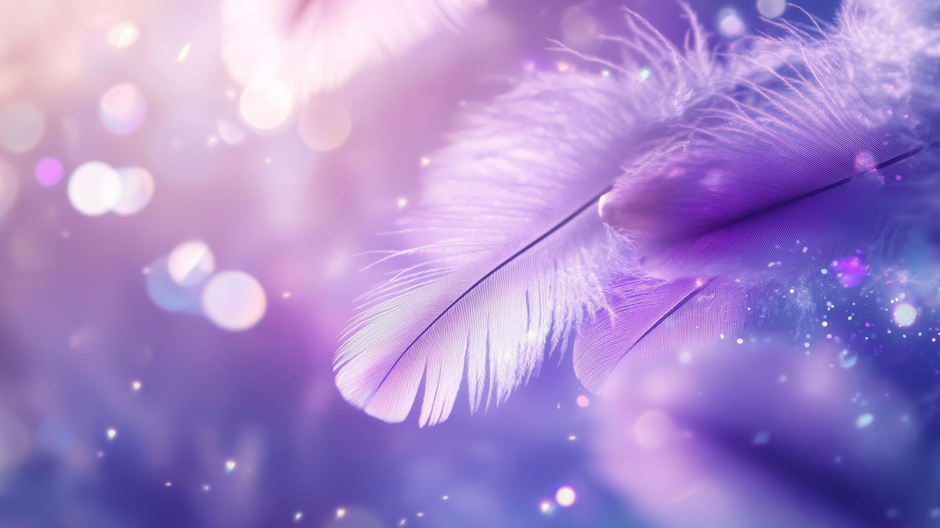 Whimsical purple background wallpaper with floating feathers and sparkles.