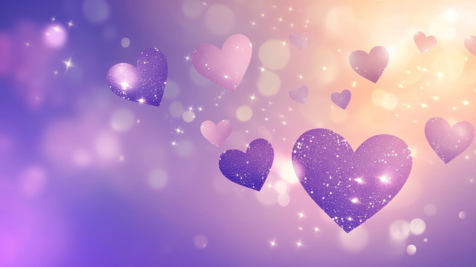 A glittering purple heart wallpaper with sparkling hearts in various sizes against a light lavender and violet background.