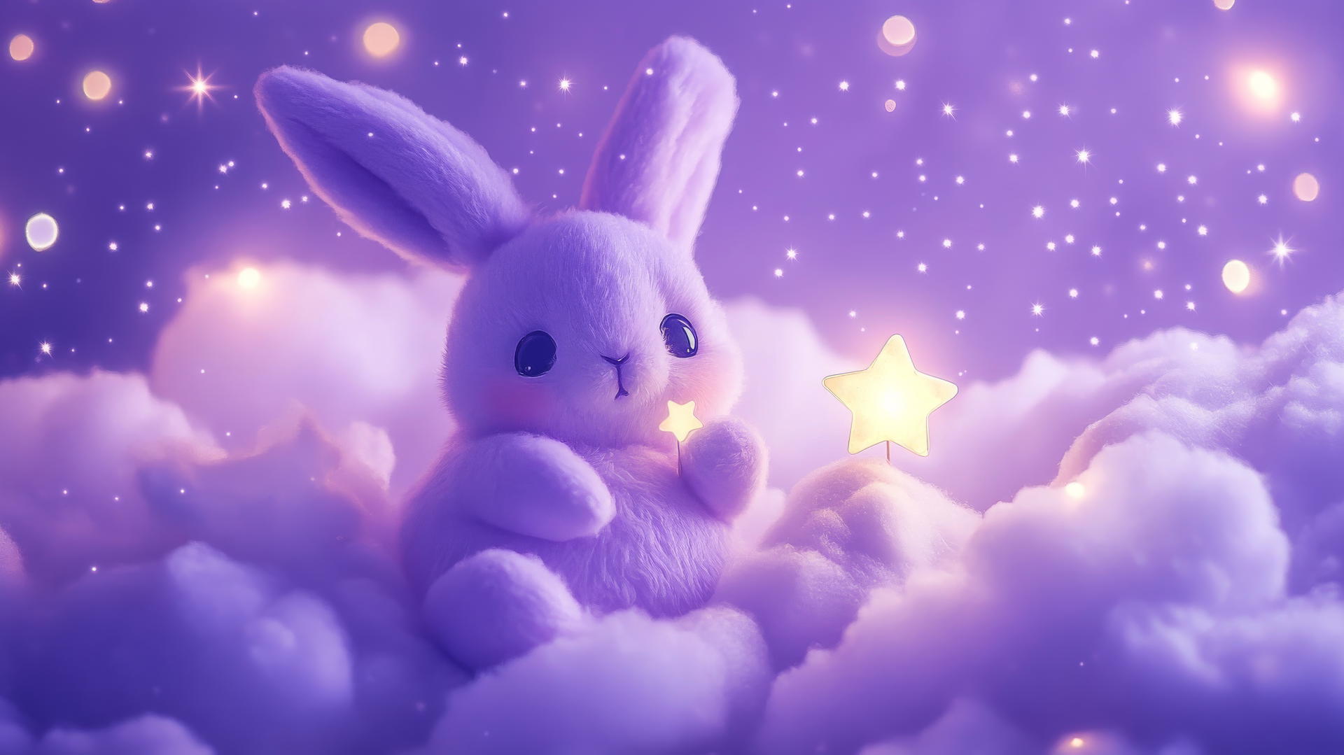 Cute purple bunny floating on lavender cloud with star