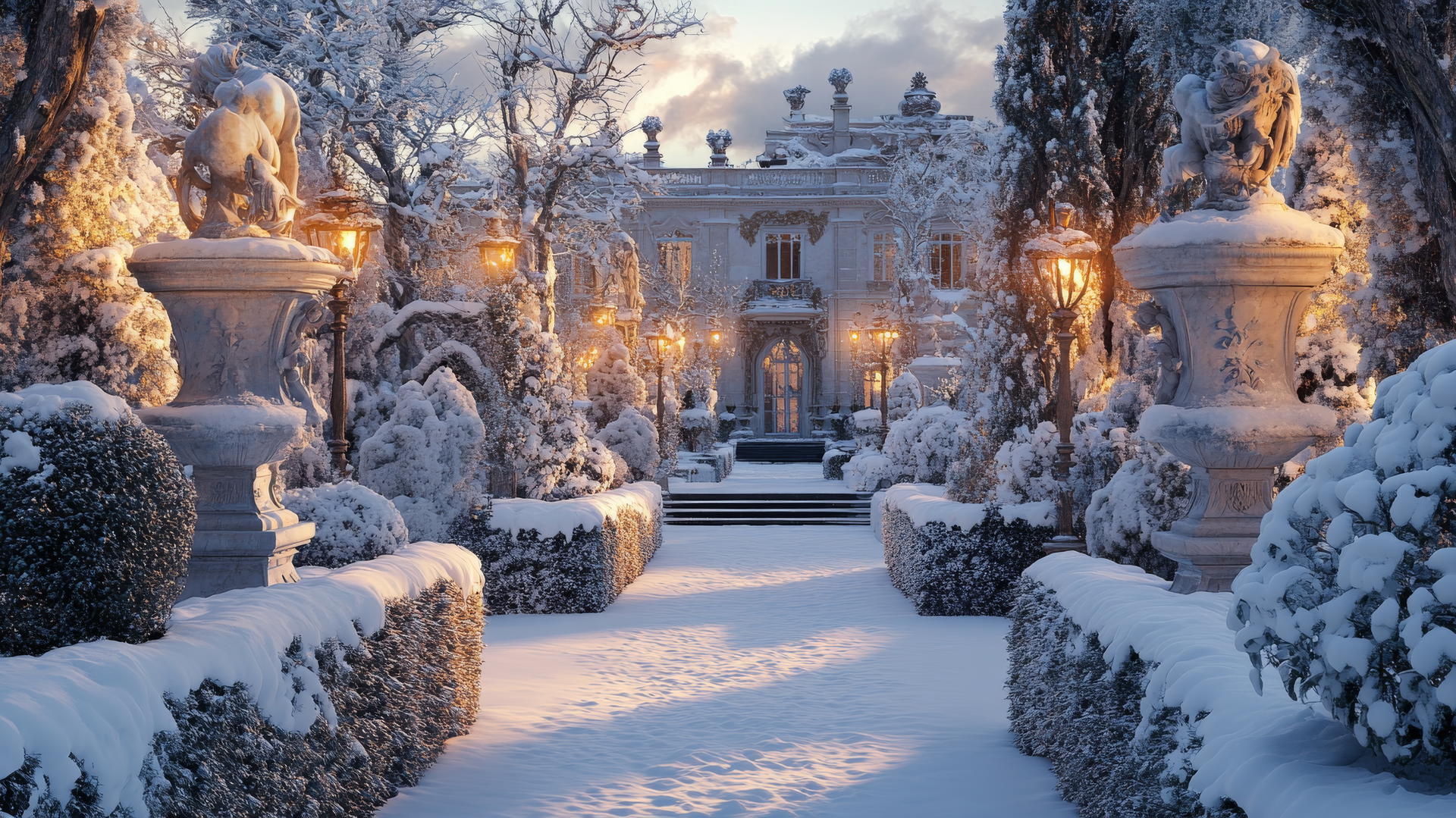aesthetic winter wallpaper with snow-covered courtyard, marble statues, glowing lanterns, and tall snowy hedges