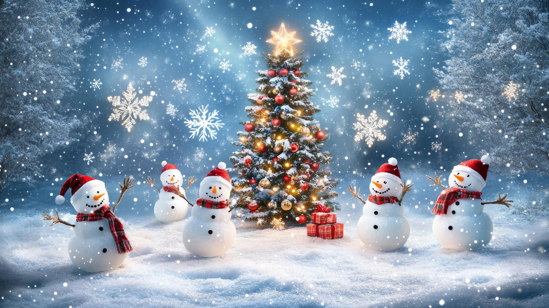 cute winter wallpaper with chubby snowmen dancing around a decorated Christmas tree