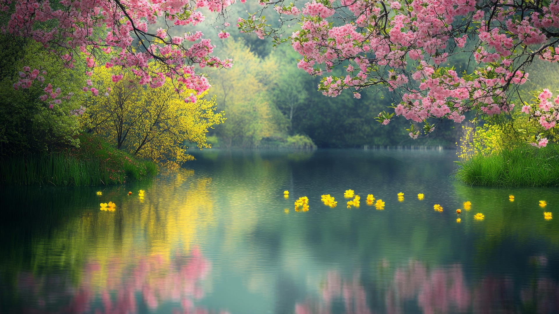spring wallpaper with a lake and blossoming trees