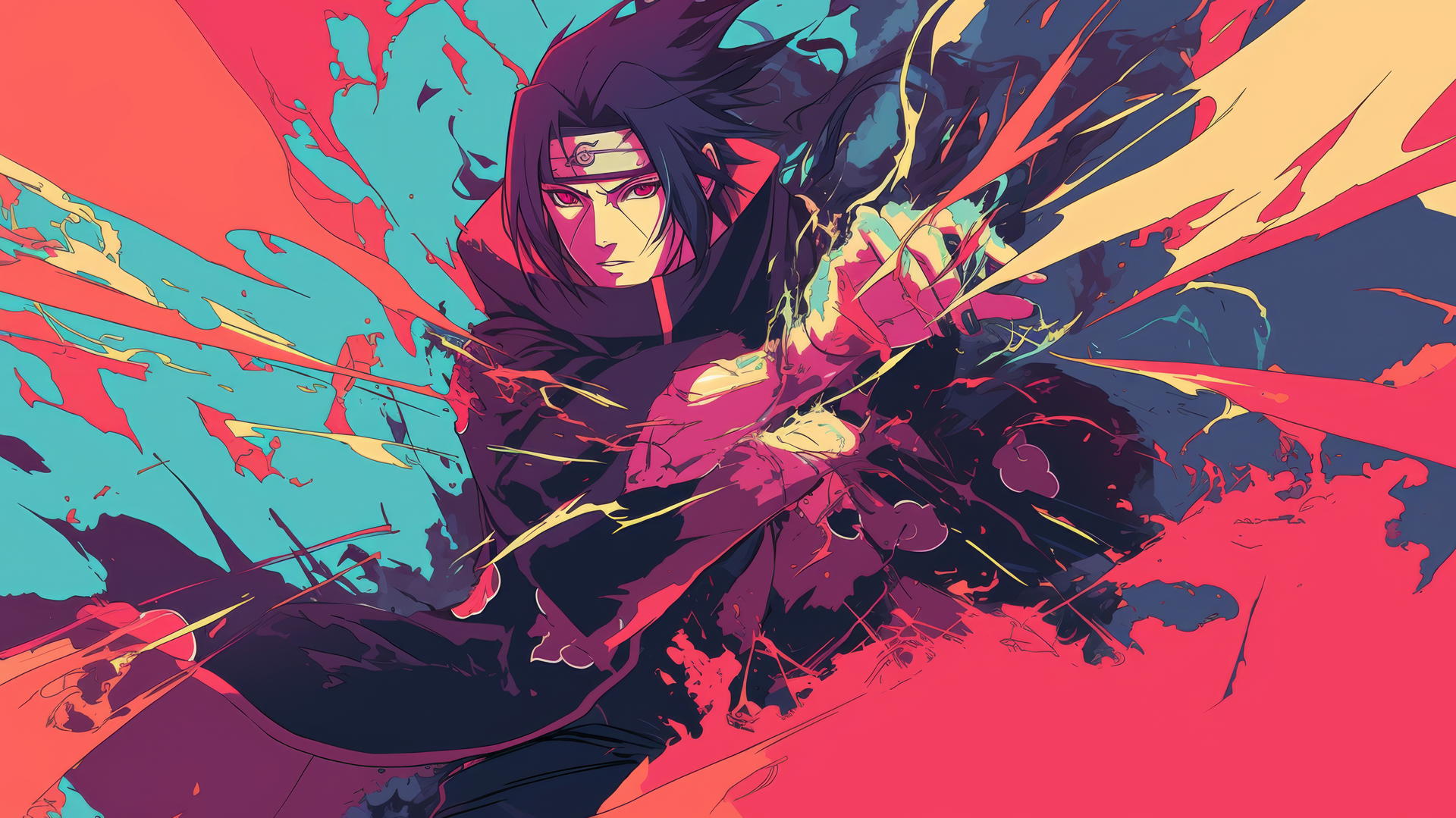 Comic book-style Itachi Uchiha drawing preparing to cast a jutsu