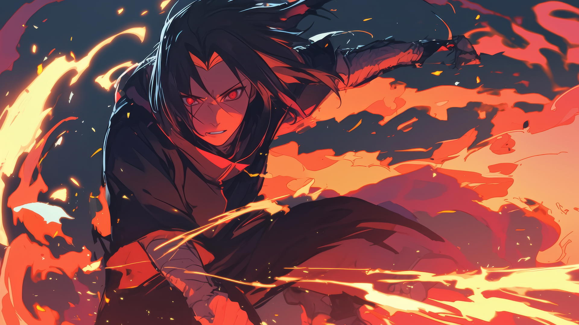itachi uchiha drawing with exaggerated flames and energy waves