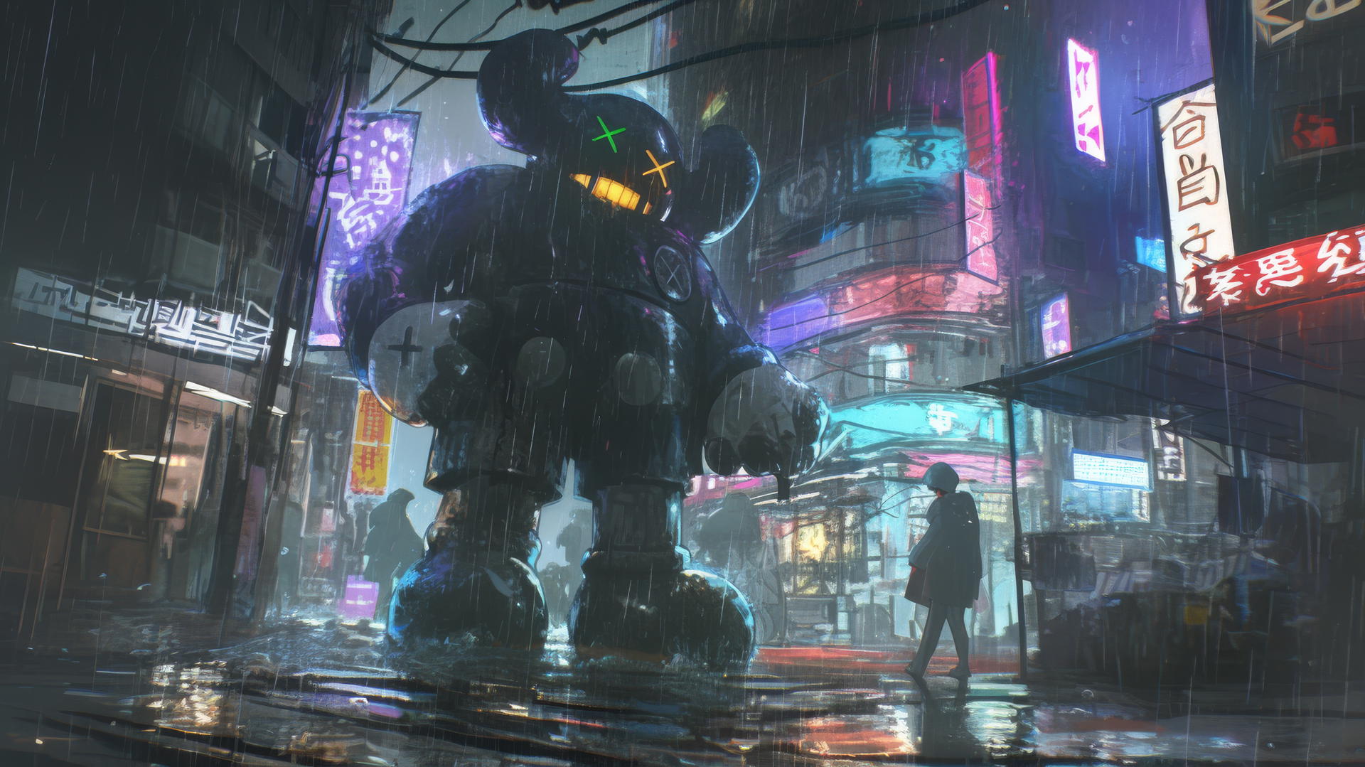 Kaws artwork of Companion character in vibrant, rain-soaked city street