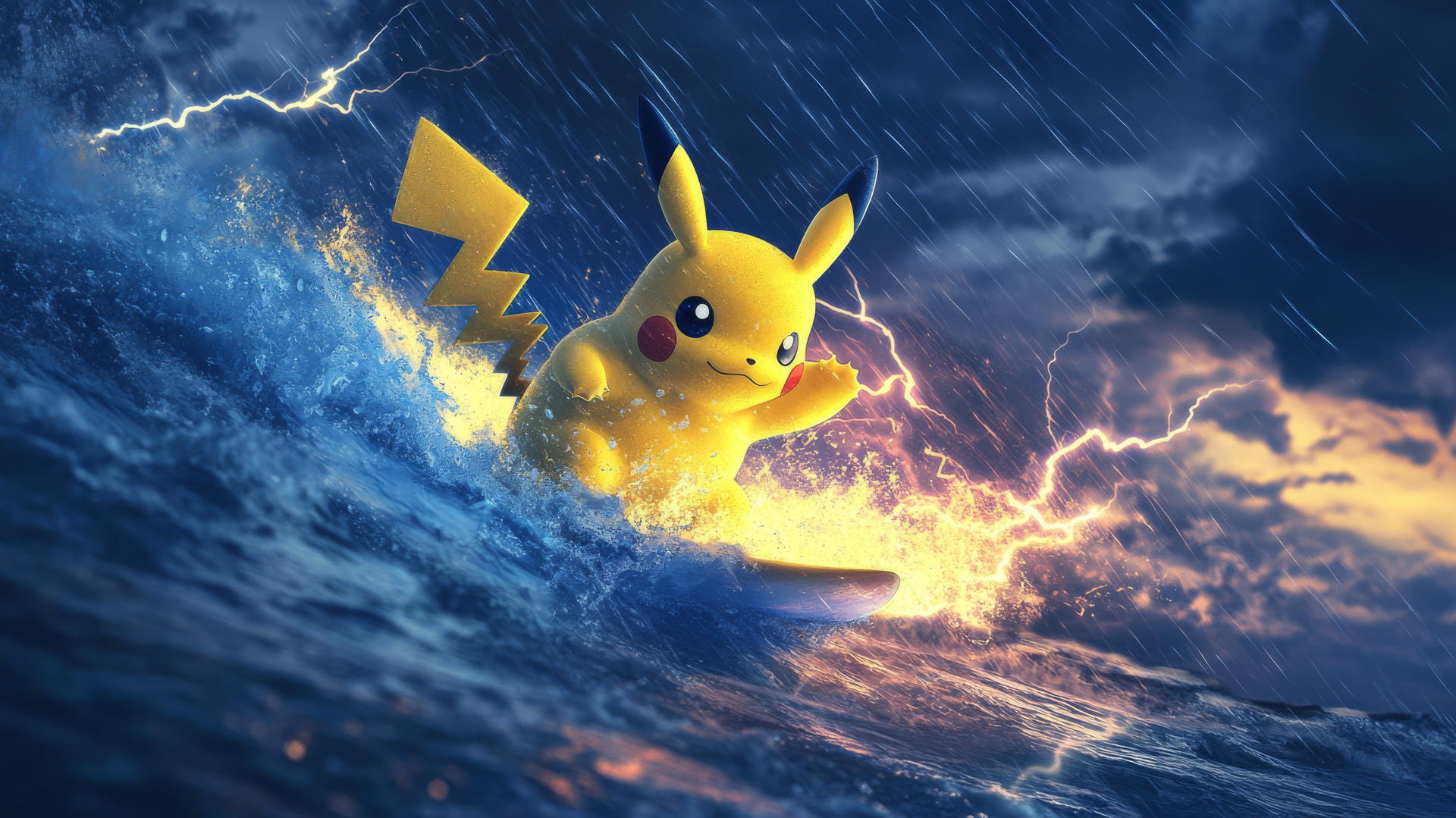 Surfing Pikachu riding lightning waves under stormy skies