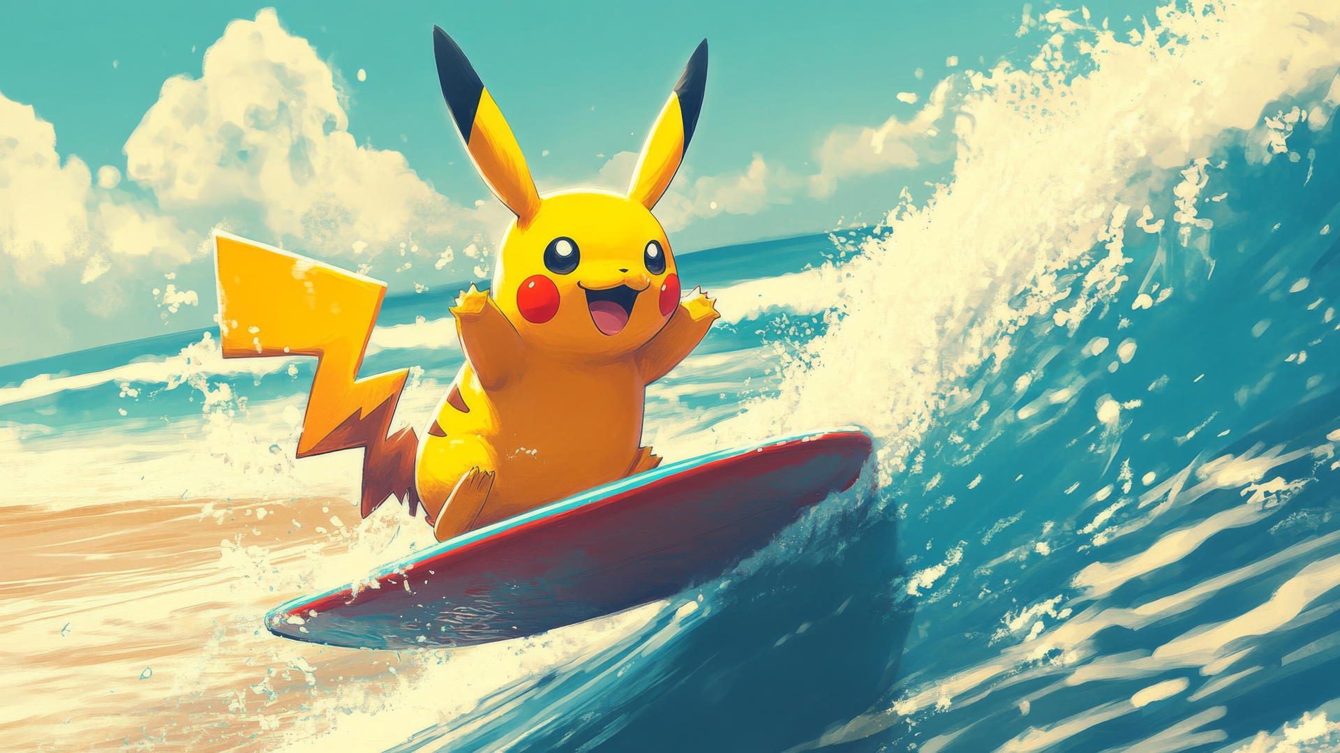 Surfing Pikachu riding a comically large surfboard on a small wave